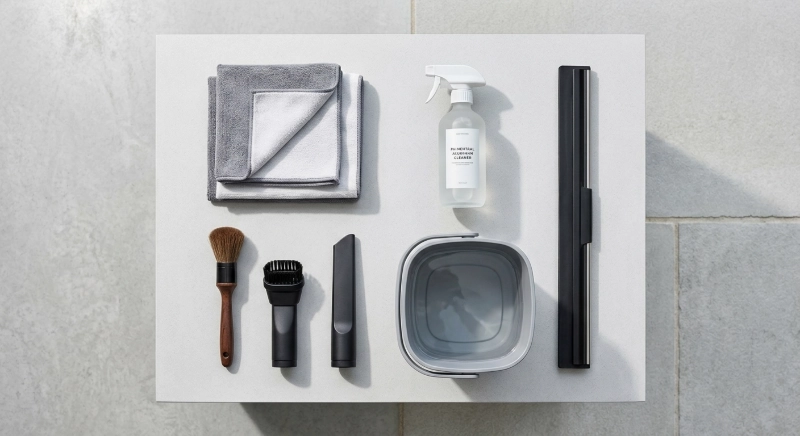 Recommended cleaning tools for aluminum hinged door maintenance including microfiber cloth, soft brush and pH-neutral cleaner.