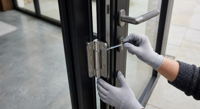 Lubricating aluminum door hinges and hardware to ensure smooth operation and extend service life.