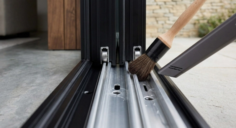 Removing dirt and debris from an aluminum sliding door track to improve operation and drainage performance.