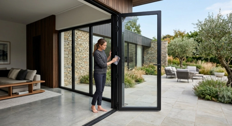 Modern black aluminum hinged patio door being maintained in a luxury residential home.