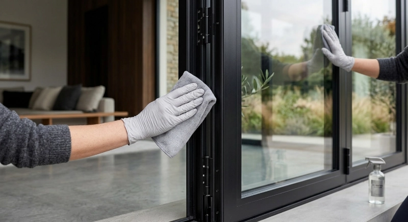 Cleaning aluminum hinged door frames and glass panels with a microfiber cloth for streak-free results.
