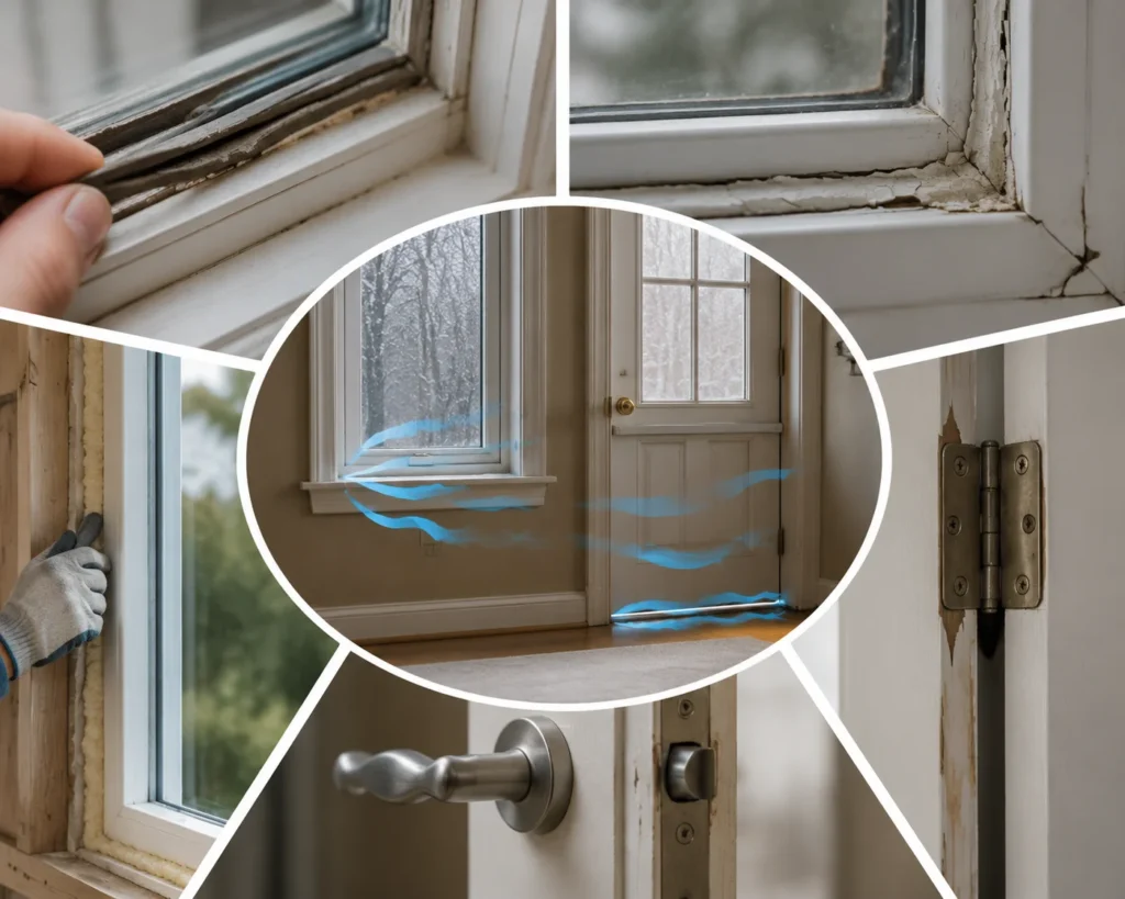 Common causes of drafty windows and doors including worn weatherstripping, cracked sealant, and hardware issues