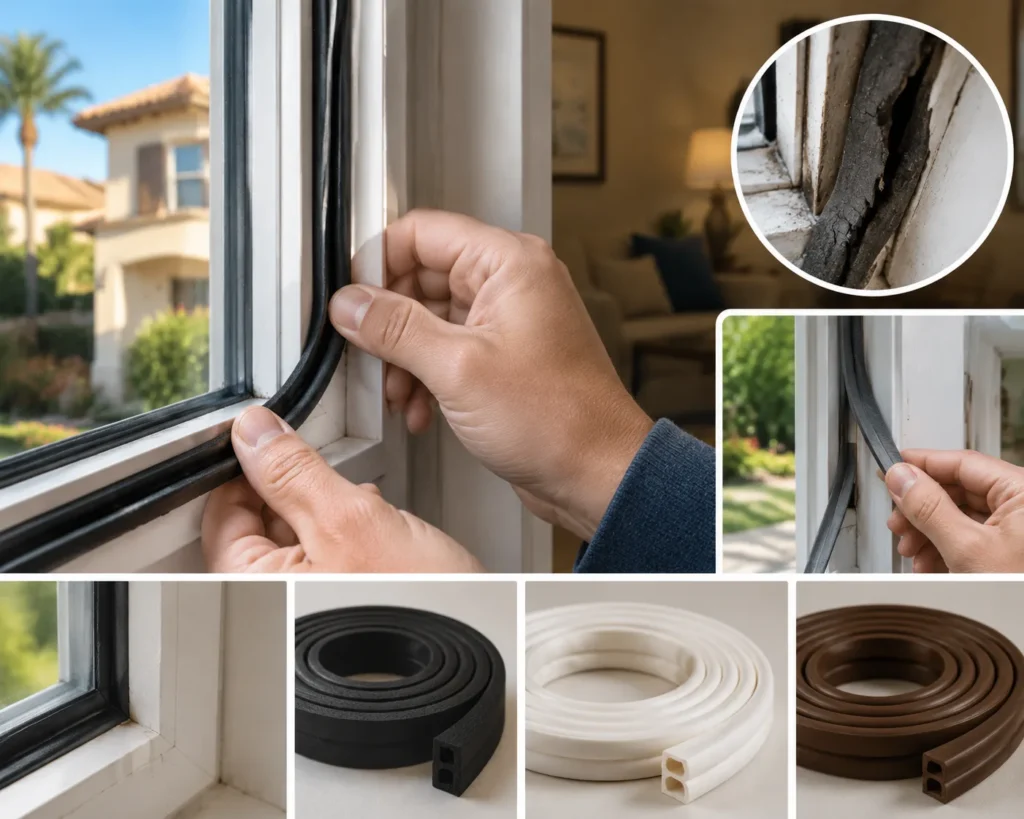 Installing new EPDM window weatherstripping material to improve windows and doors sealing performance