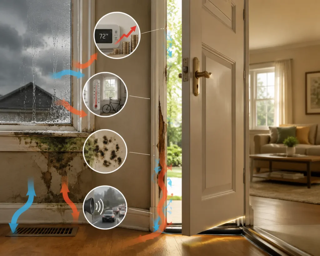 Effects of poor sealing causing moisture damage, mold, higher energy bills, and drafty windows and doors