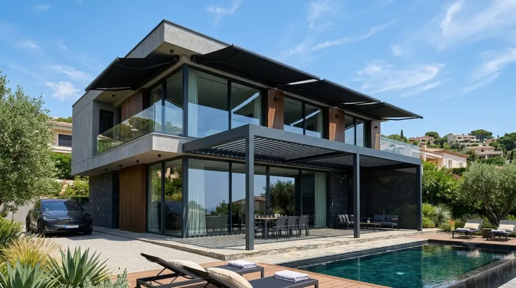 Modern exterior window awning shading system blocking solar heat gain on summer days