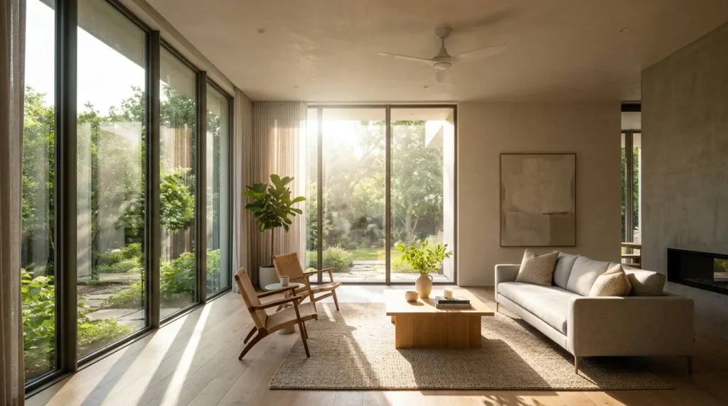 Reduce heat gain through windows and doors with energy efficient modern glass windows in summer