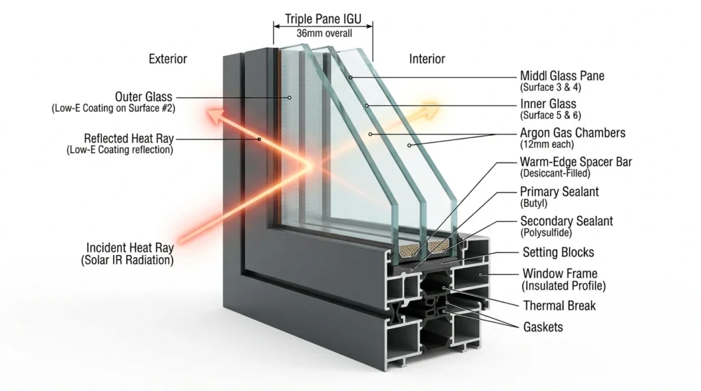 Double and triple insulated glazing structure with Low-E glass layer to reduce solar heat gain