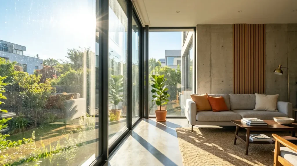 Intense summer solar heat gain through large glass windows in residential home