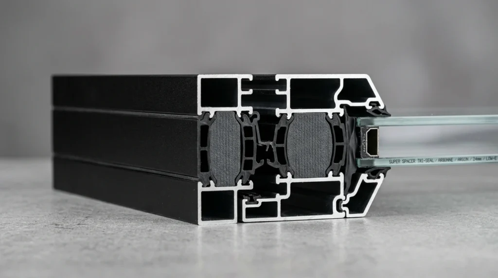 Close-up detail of thermal break aluminum window profile designed to reduce heat gain