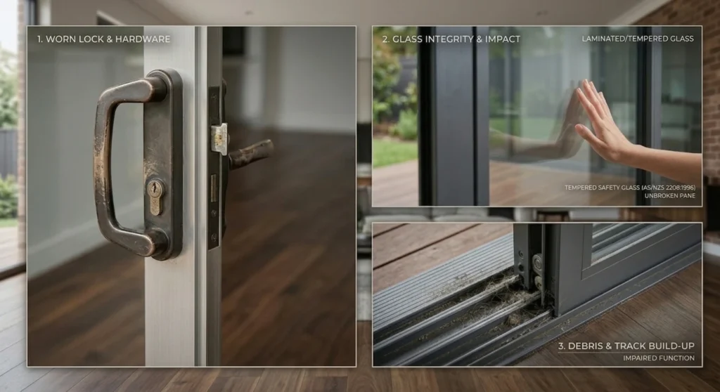 Common security risks of sliding glass doors including lock and glass vulnerabilities